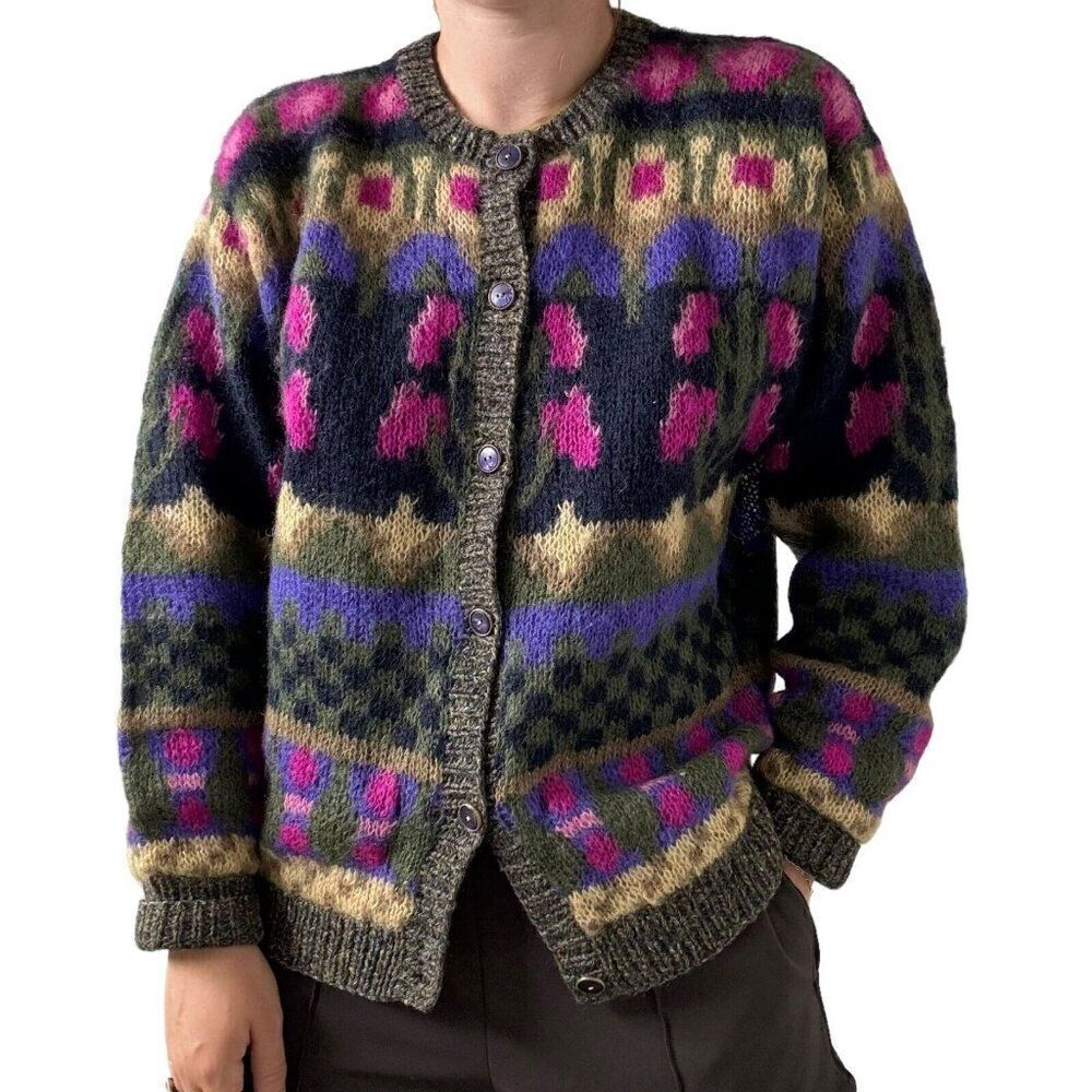 Vintage 1990s Womens Mohair Blend Floral Cottagecore Fluffy Fuzzy Cardigan Sz S